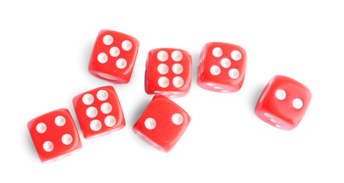 Many red game dices isolated on white, top view