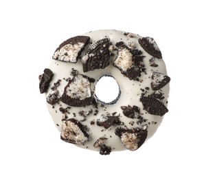 Sweet tasty glazed donut decorated with chocolate cookies isolated on white