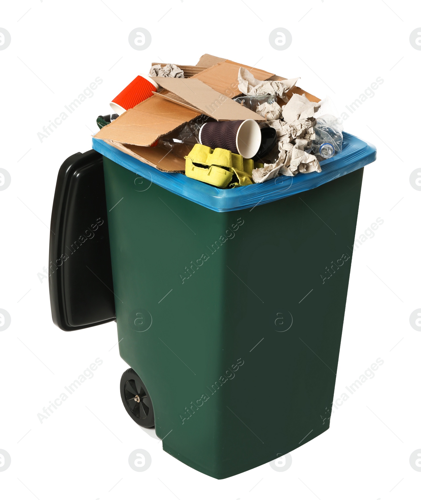 Photo of Trash bin with garbage on white background. Waste recycling