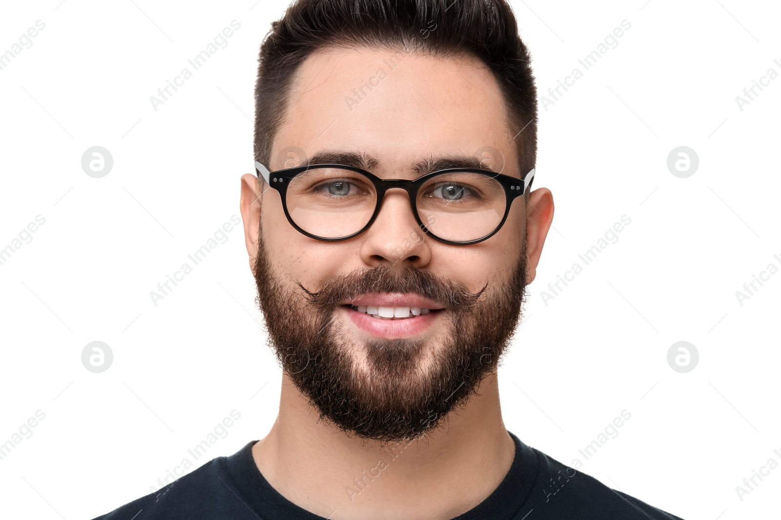 Photo of Portrait of happy young man with mustache on white background