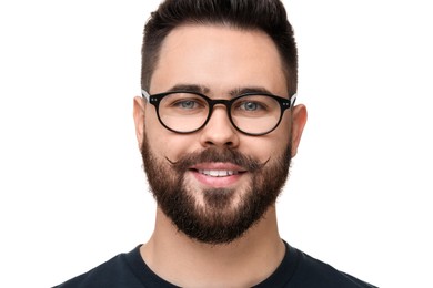 Portrait of happy young man with mustache on white background