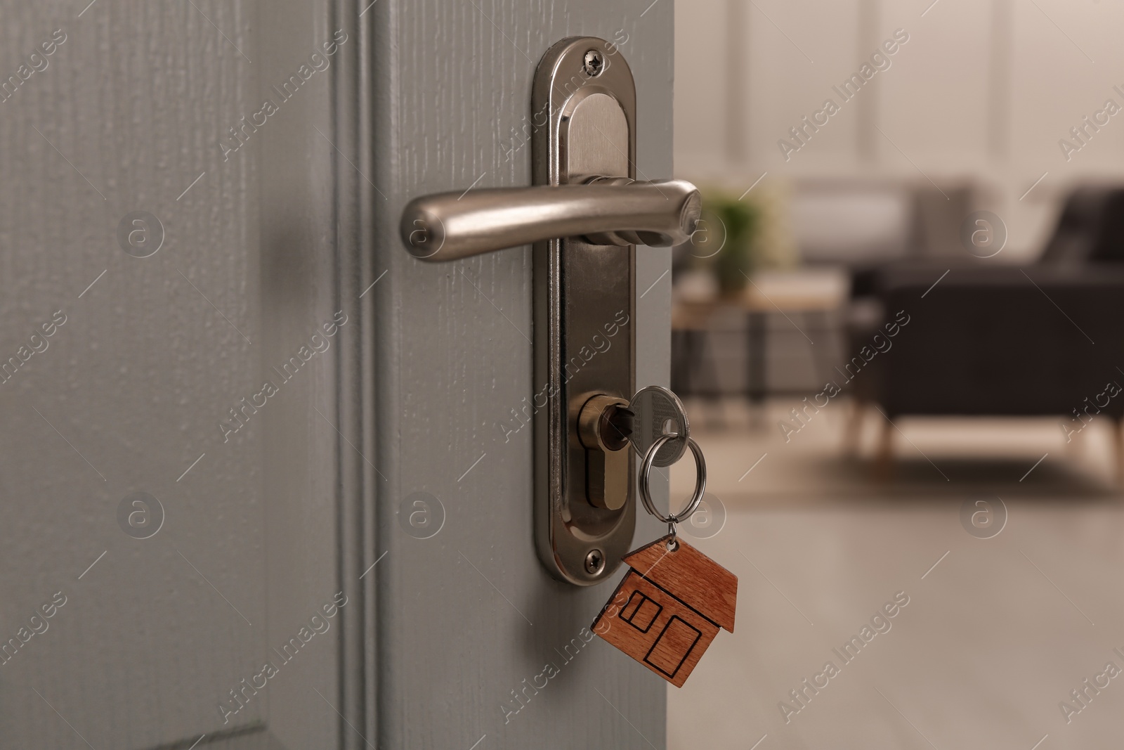 Photo of Closeup view of open door with key in room