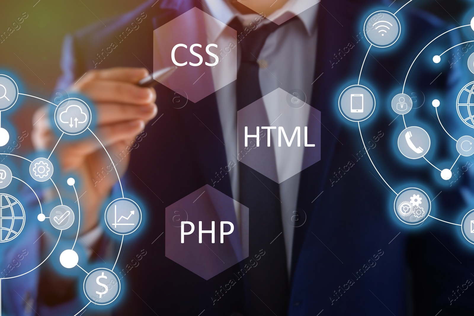 Image of Web development. Man using button CSS on virtual screen, closeup 