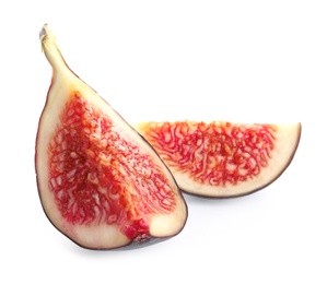 Pieces of ripe purple fig on white background