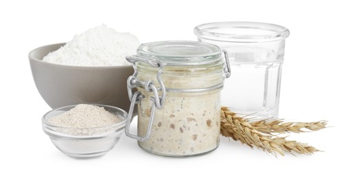 Photo of Leaven, flour, water and ears of wheat isolated on white