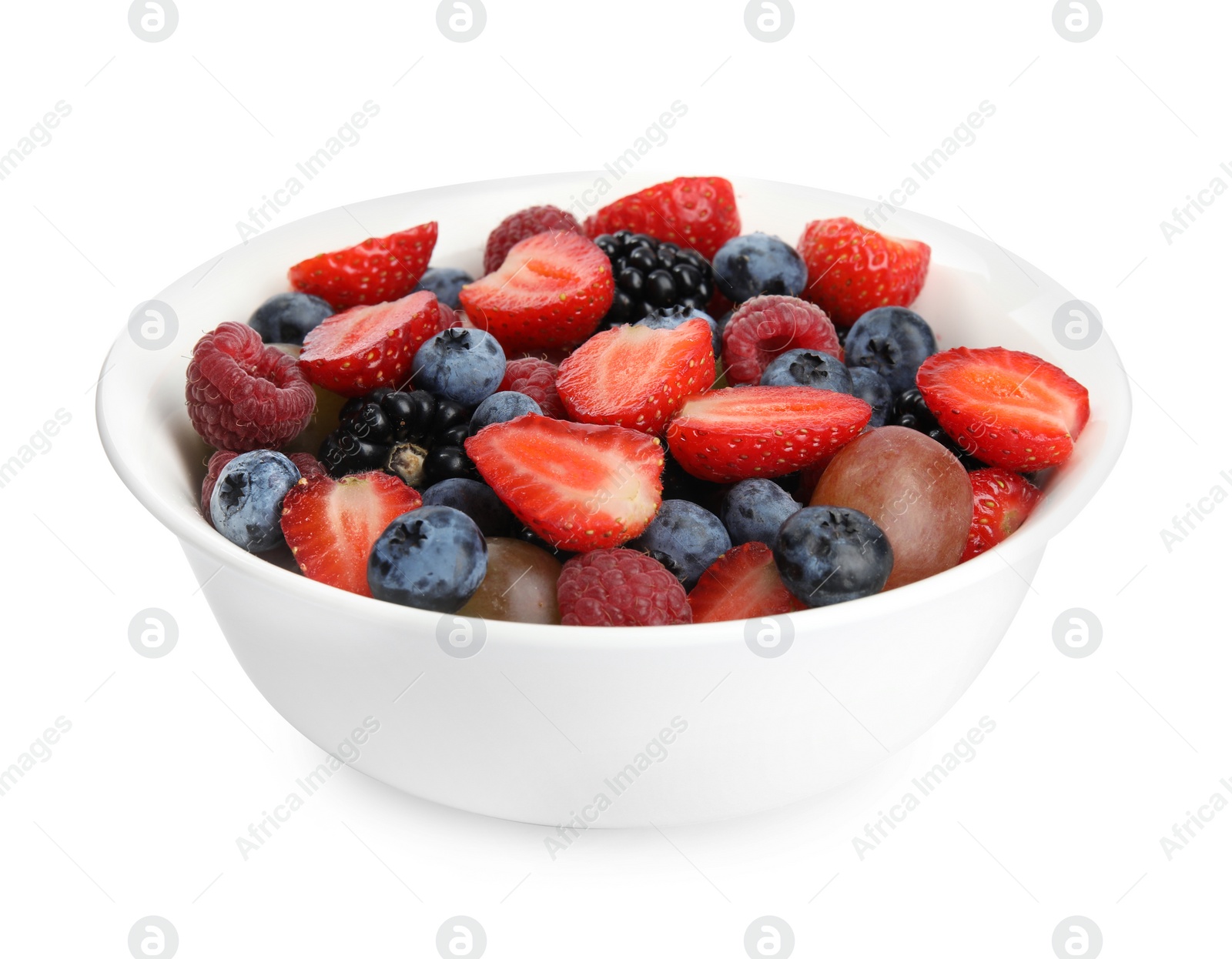 Photo of Fresh tasty fruit salad on white background