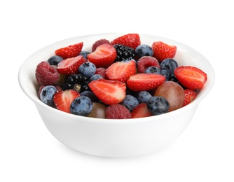 Photo of Fresh tasty fruit salad on white background