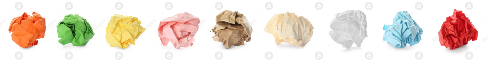 Image of Set with crumpled sheets of different paper on white background. Banner design