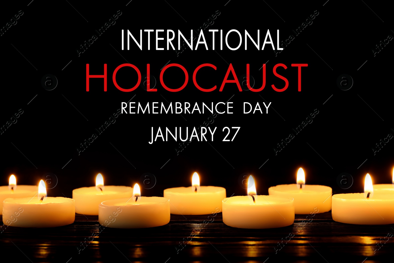 Image of International Holocaust Remembrance Day January 27. Burning candles on black background