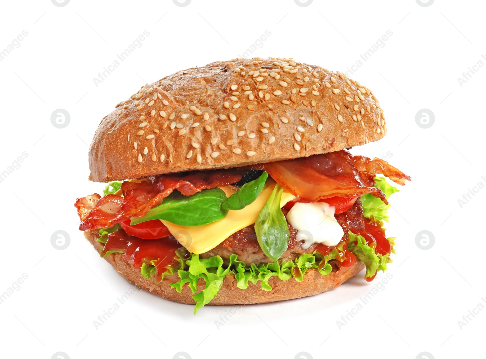 Photo of Tasty burger with bacon on white background