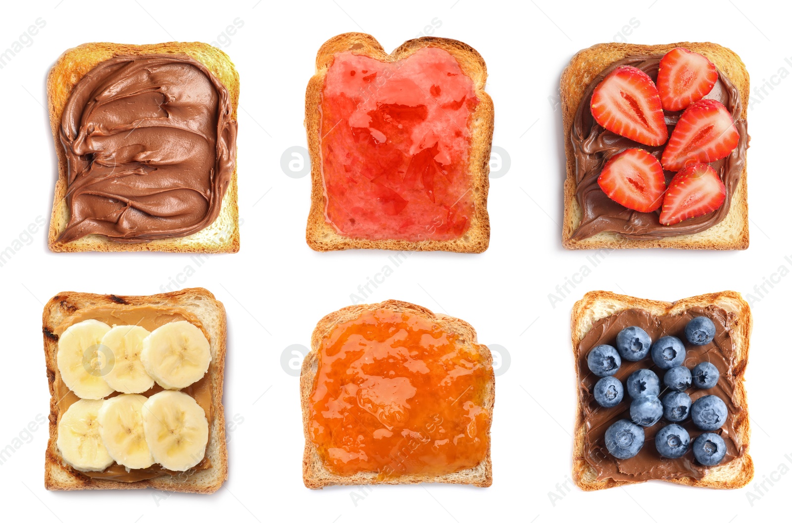 Image of Set of toasted bread with different toppings on white background, top view 