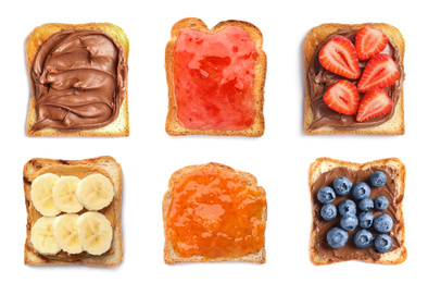 Image of Set of toasted bread with different toppings on white background, top view 