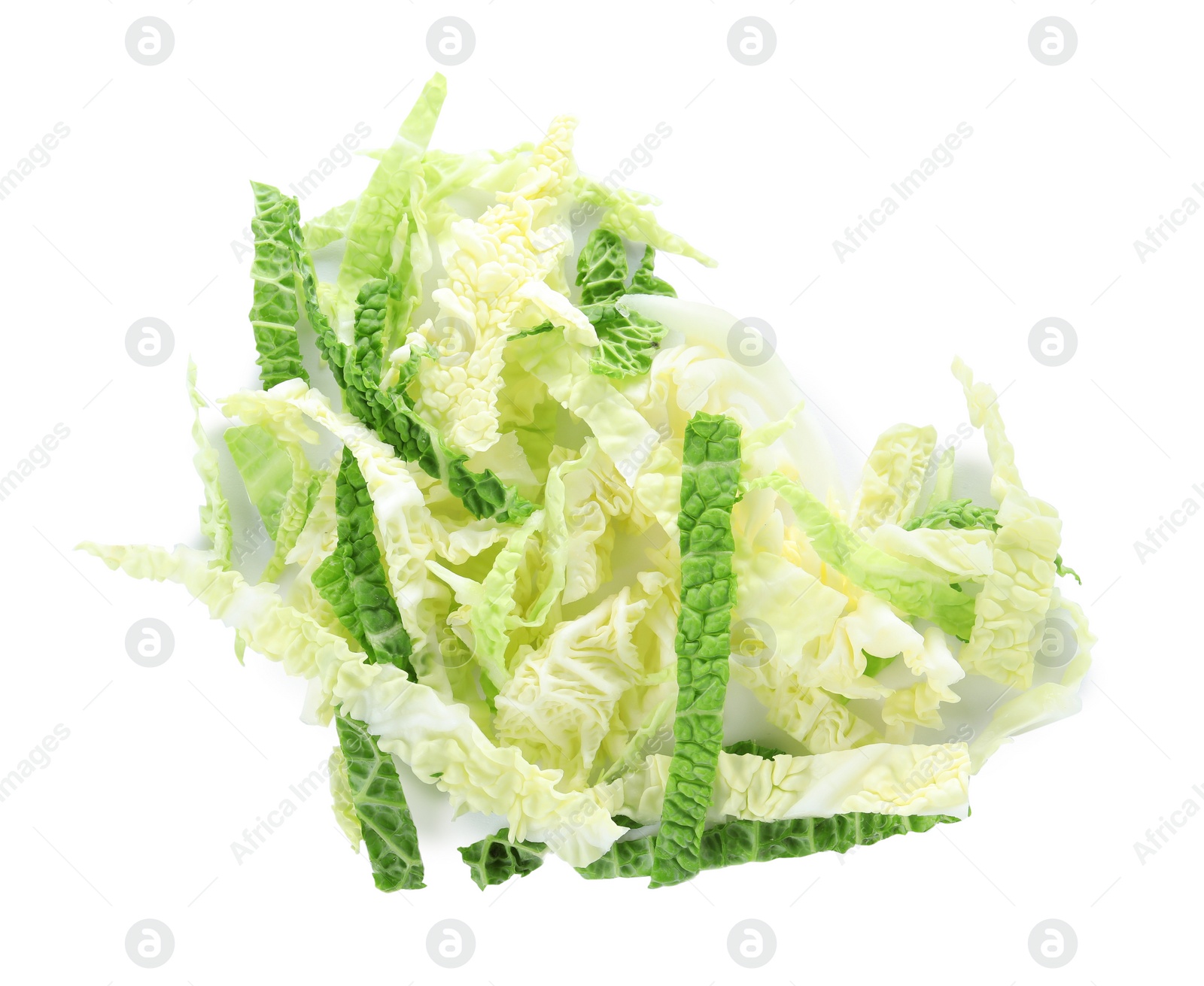 Photo of Chopped fresh savoy cabbage isolated on white, top view