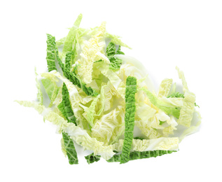 Chopped fresh savoy cabbage isolated on white, top view