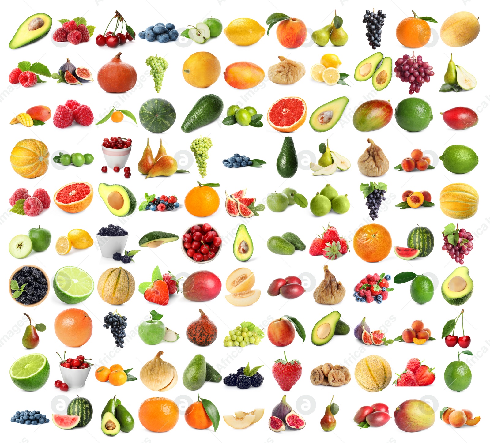 Image of Set of fresh ripe fruits and berries on white background