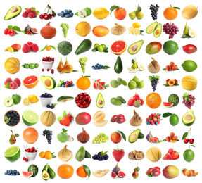 Image of Set of fresh ripe fruits and berries on white background