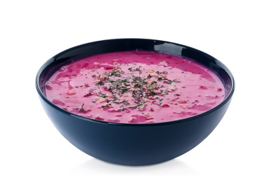 Photo of Delicious cold summer beet soup on white background