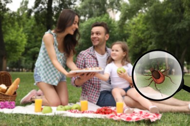 Family having picnic in park and don't even suspect about hidden danger in green grass. Illustration of magnifying glass with tick, selective focus