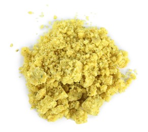 Photo of Aromatic crumbled bouillon cube on white background, top view
