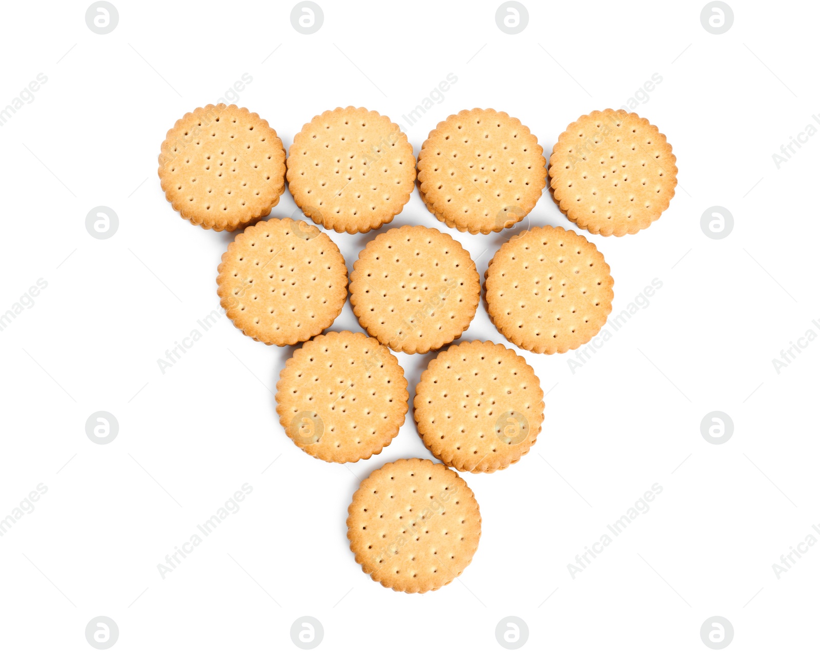 Photo of Tasty sandwich cookies on white background, top view