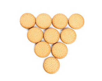 Photo of Tasty sandwich cookies on white background, top view