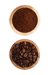 Photo of Bowls of ground coffee and beans on white background, top view