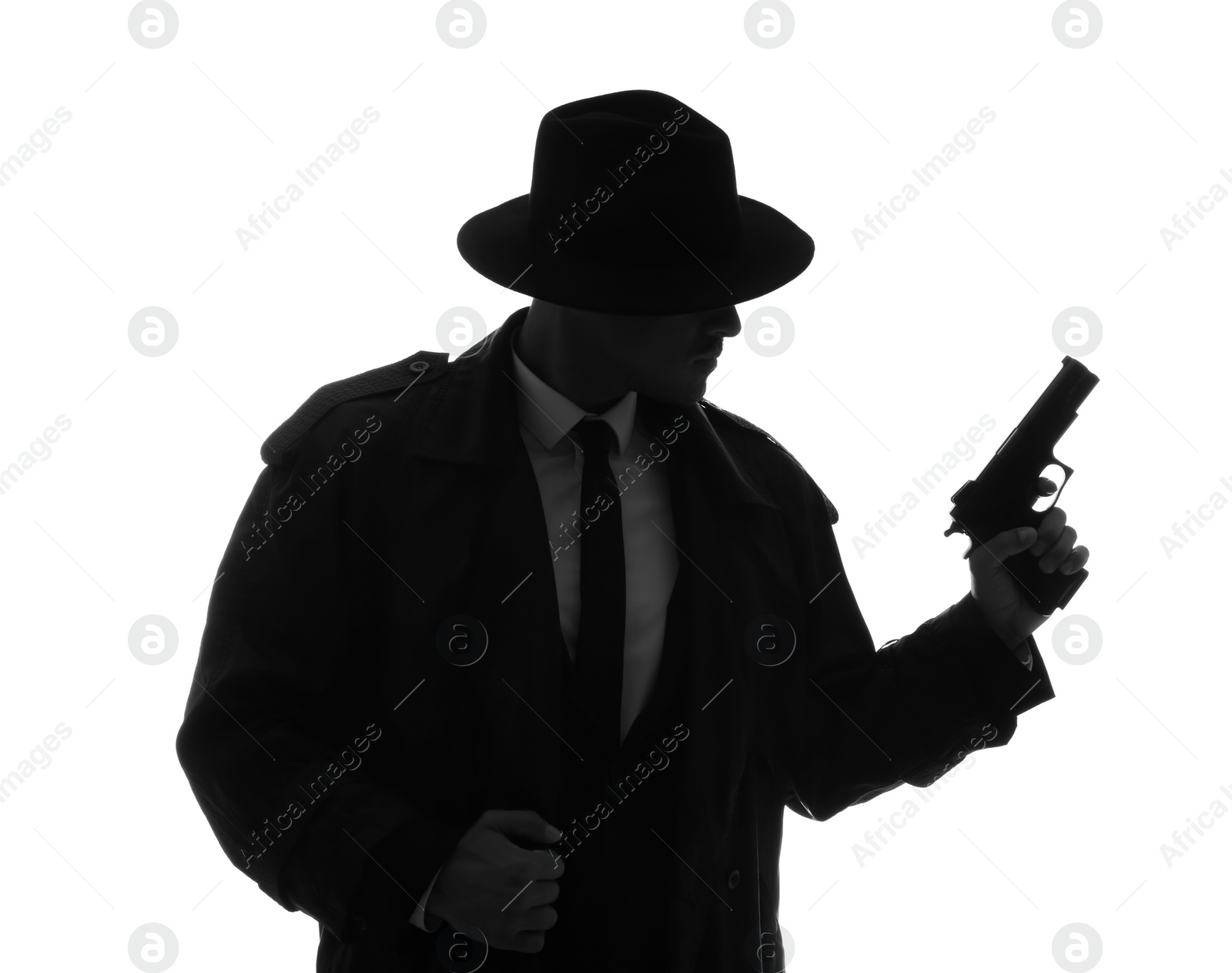 Photo of Old fashioned detective with gun on white background