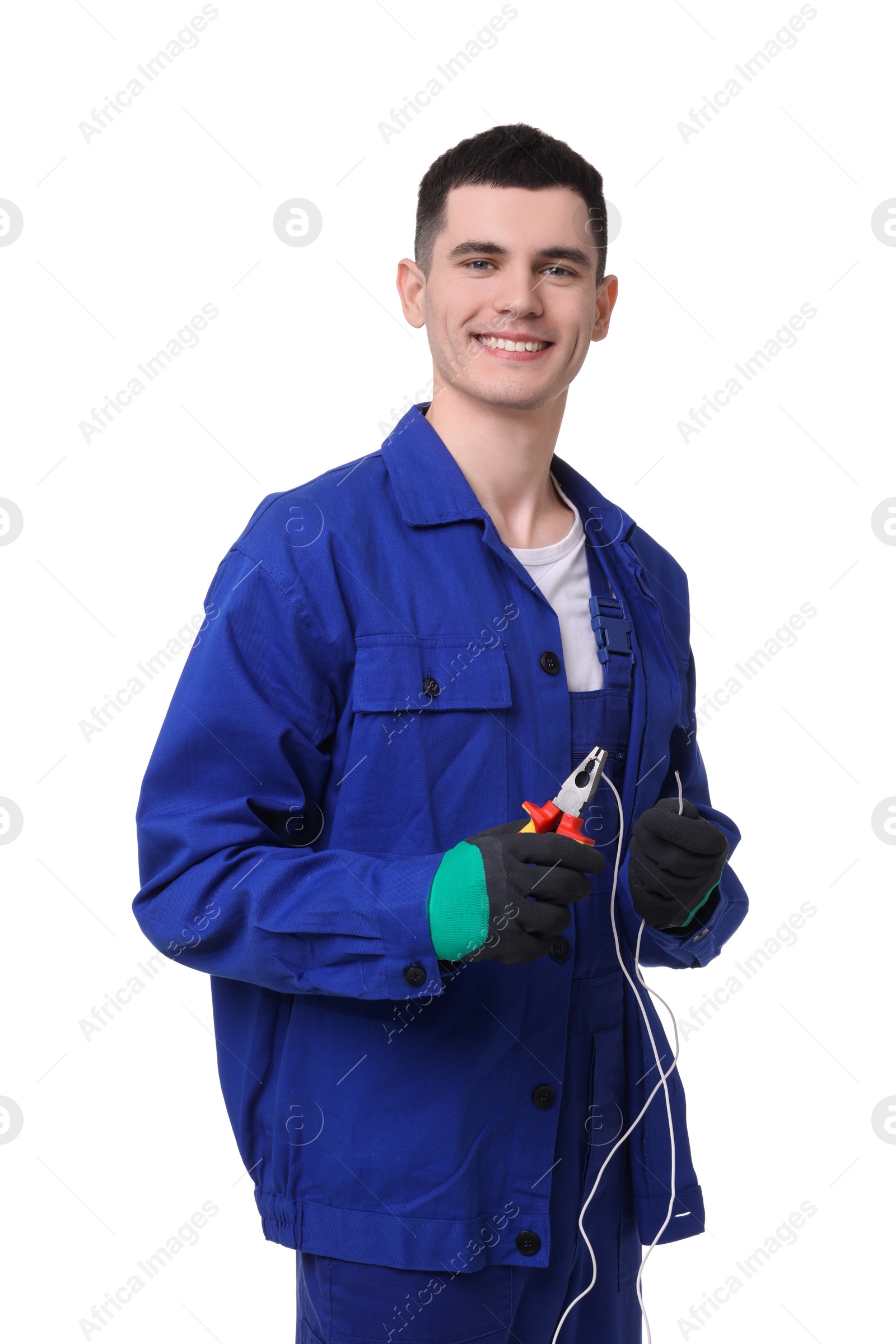 Photo of Young man holding pliers on white background