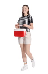 Photo of Happy young woman with plastic cool box isolated on white