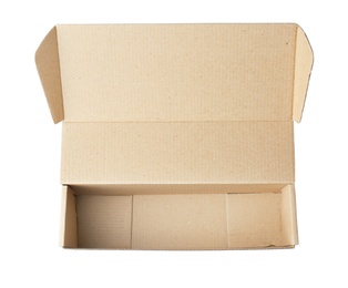 Photo of Open empty cardboard box on white background