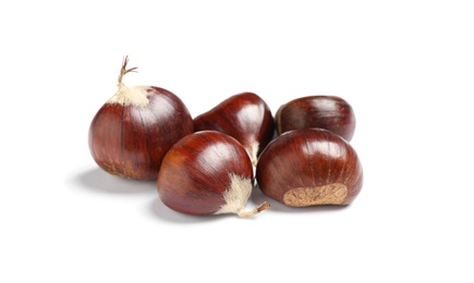 Fresh sweet edible chestnuts on white background