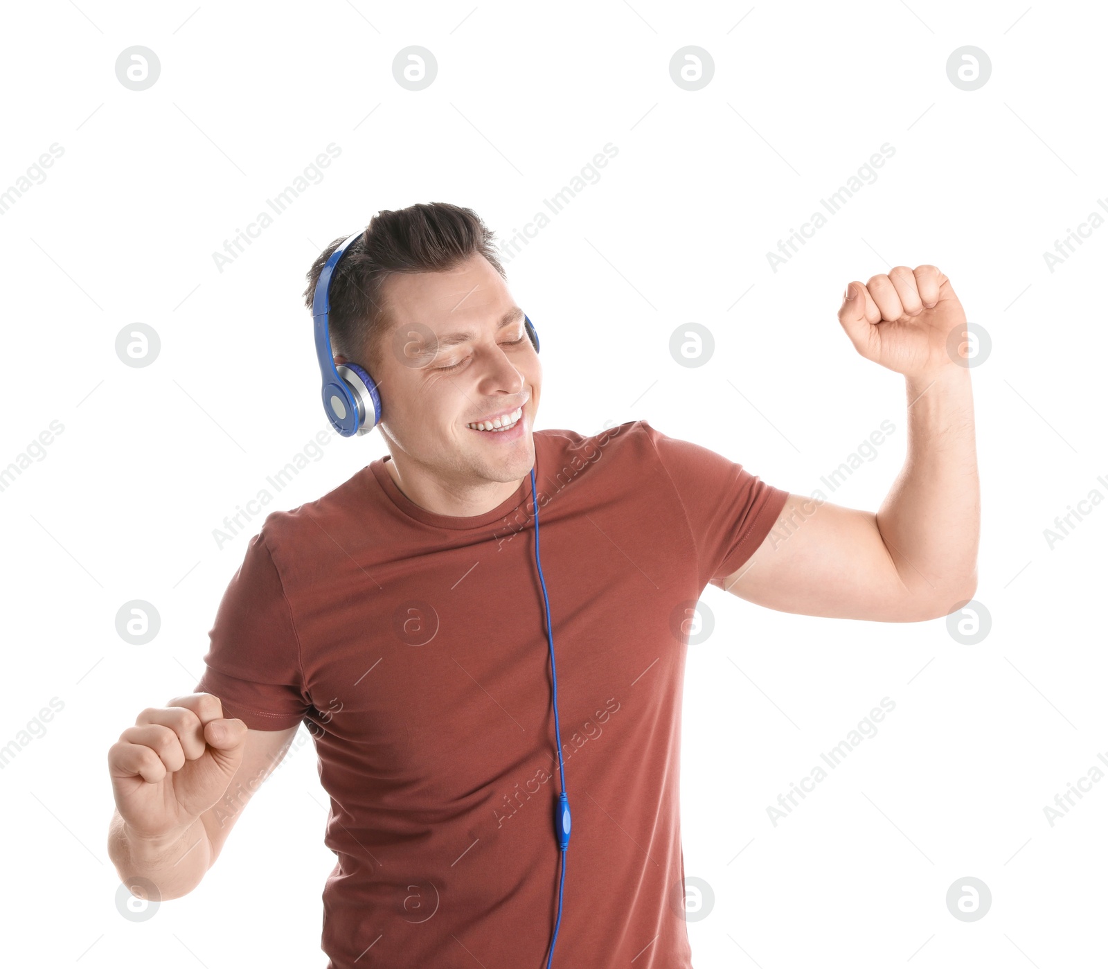 Photo of Man enjoying music in headphones on white background