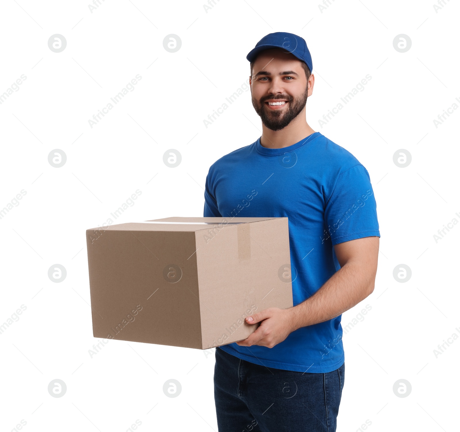 Photo of Happy courier with parcel on white background