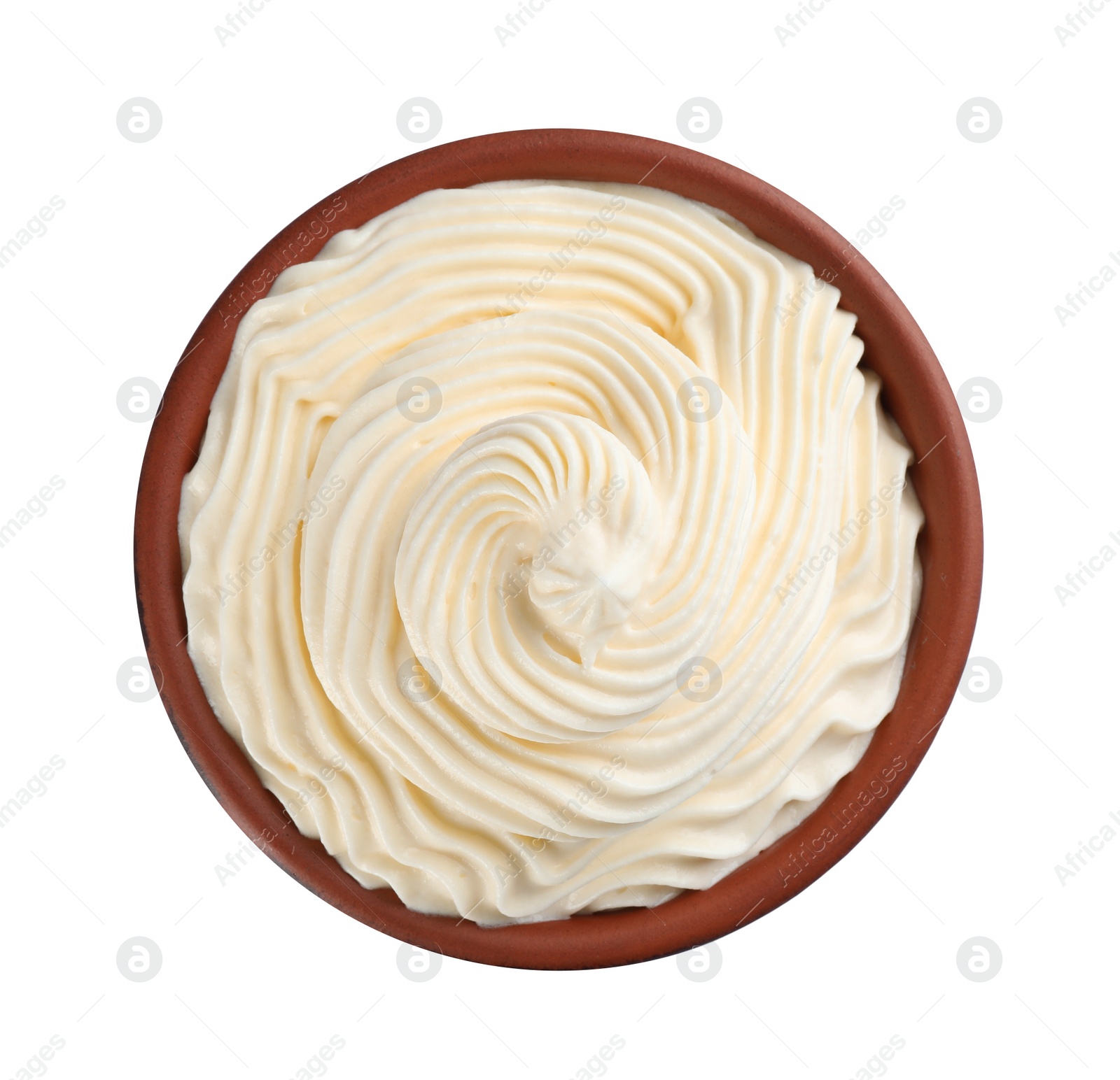 Photo of Delicious whipped cream isolated on white, top view