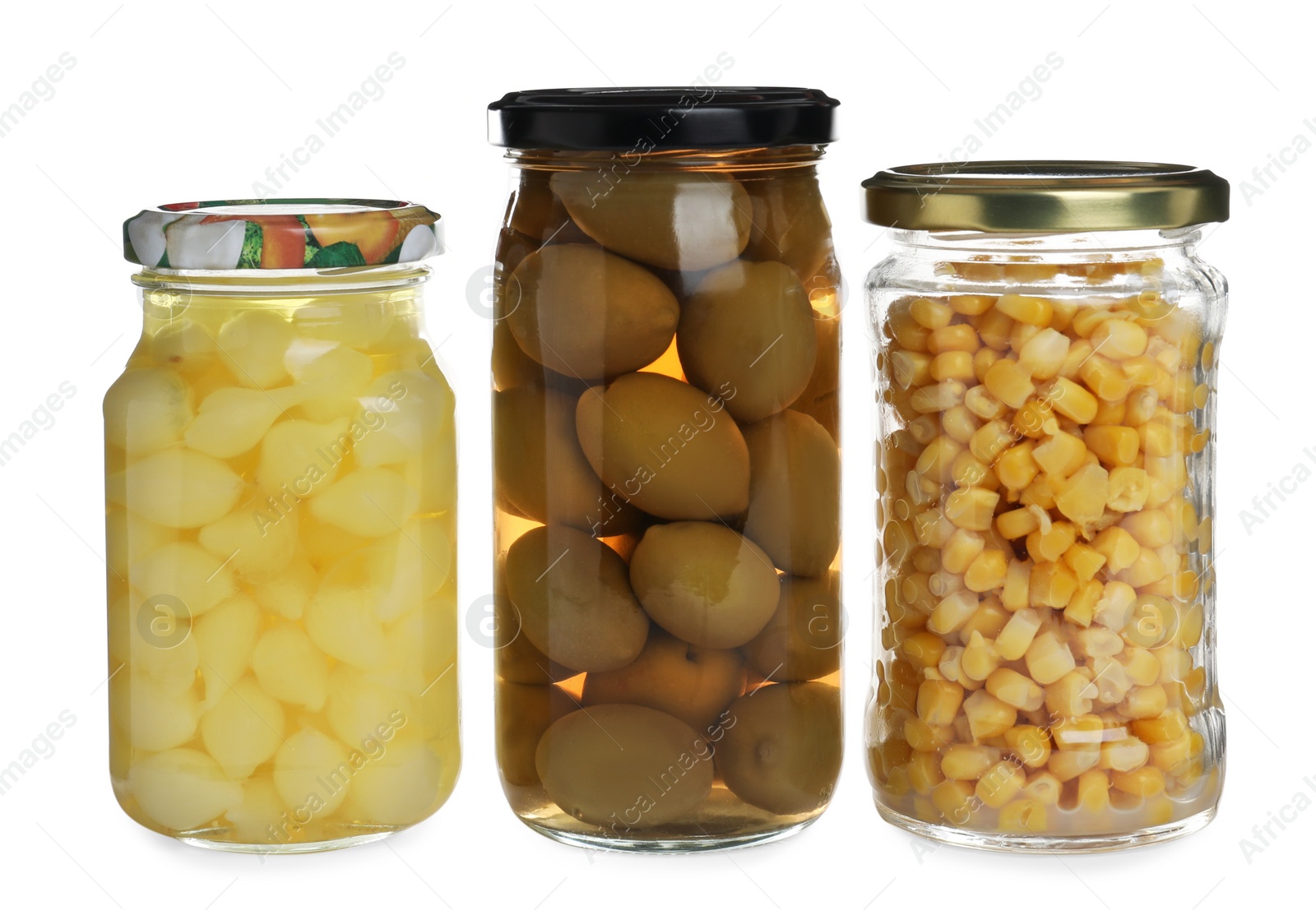 Photo of Glass jars of different pickled vegetables isolated on white