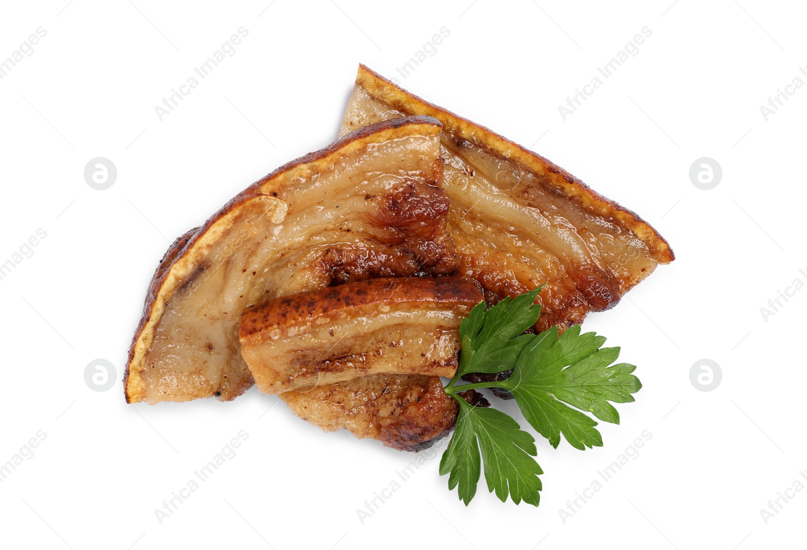 Photo of Tasty fried pork lard with parsley isolated on white