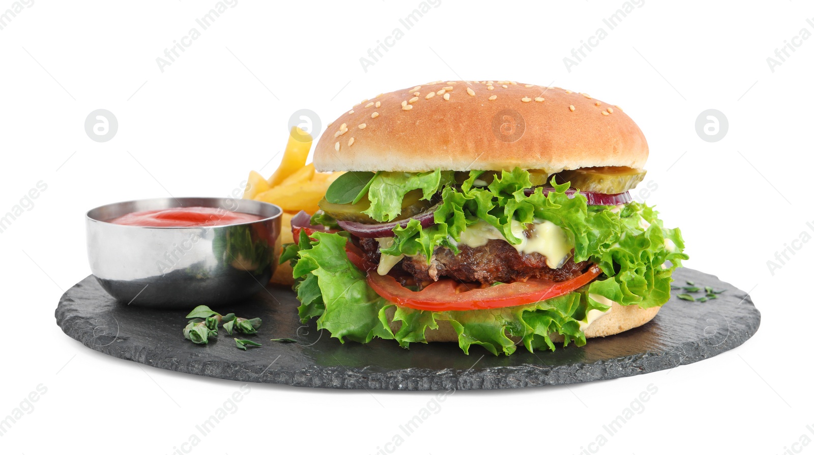 Photo of Delicious burger with beef patty, tomato sauce and french fries isolated on white