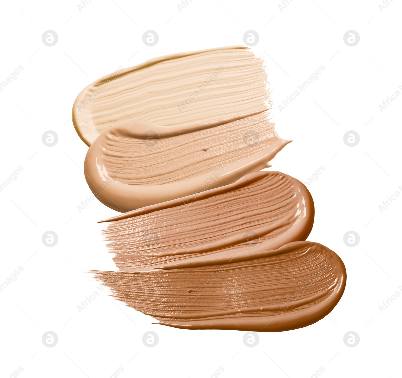 Image of Foundation of various shades for different skin tones isolated on white, top view. Set of samples