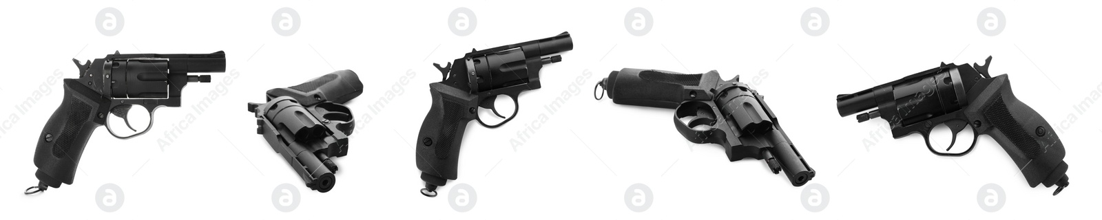 Image of Set with handguns on white background. Banner design