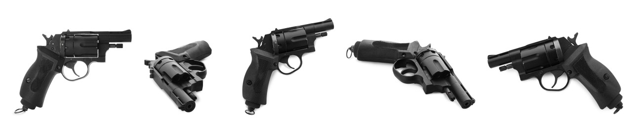 Image of Set with handguns on white background. Banner design