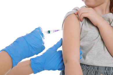 Little girl receiving chickenpox vaccination on white background, closeup. Varicella virus prevention