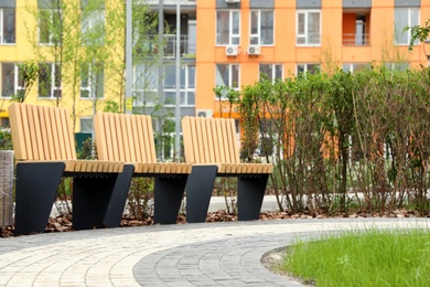 Photo of KYIV, UKRAINE - MAY 21, 2019:Small square near modern housing estate COMFORT TOWN in Dniprovskyi district on sunny day