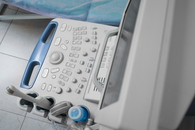Photo of Ultrasound control panel in hospital, above view. Medical equipment
