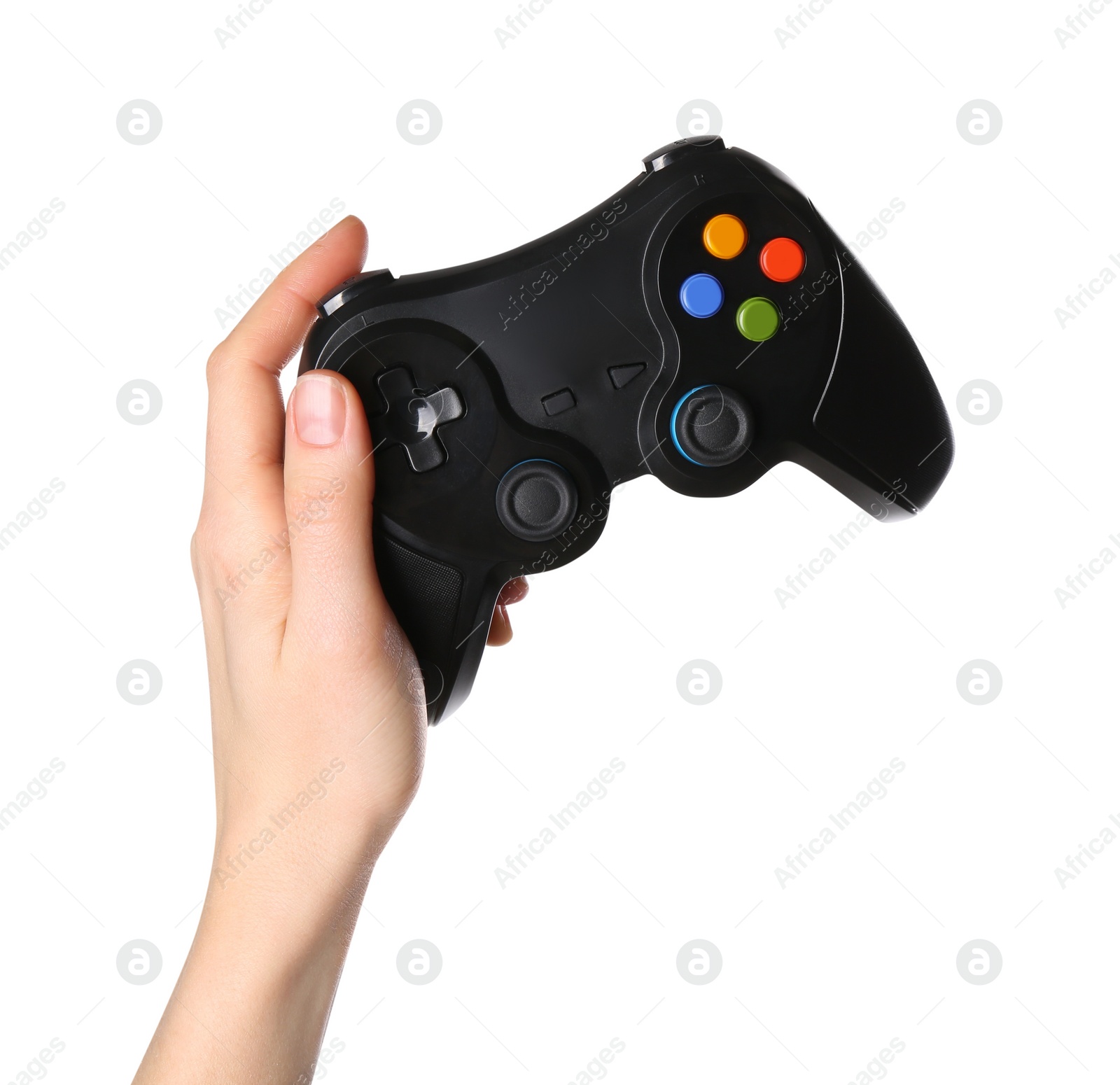 Photo of Woman holding game controller on white background, closeup