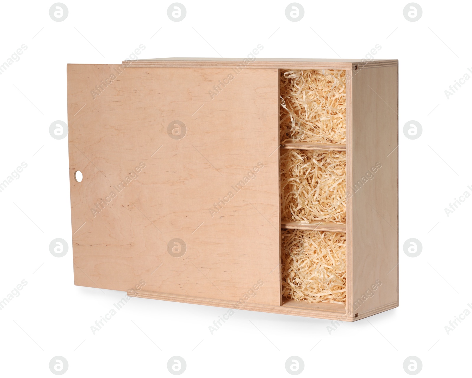 Photo of Open wooden wine box with straw isolated on white