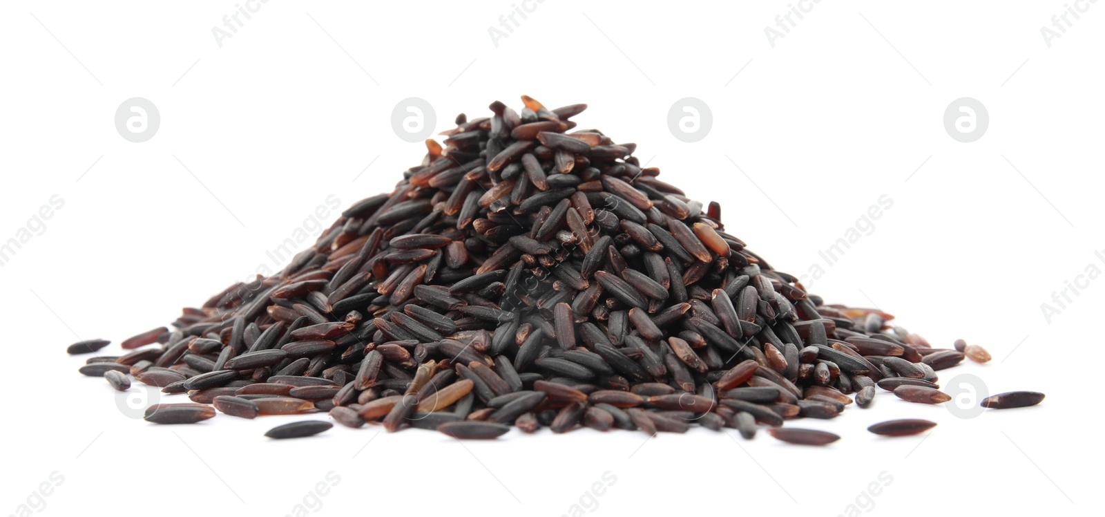 Photo of Pile of uncooked black rice on white background