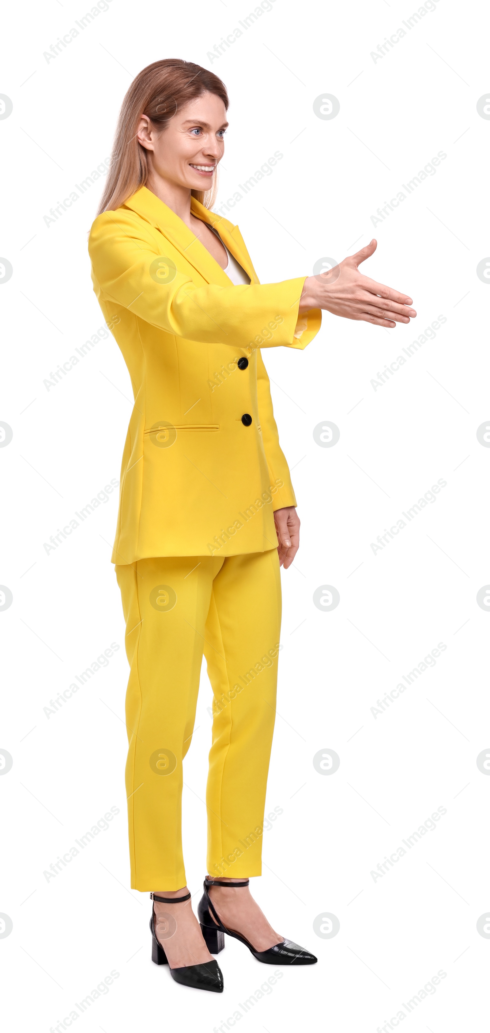 Photo of Beautiful happy businesswoman offering handshake on white background