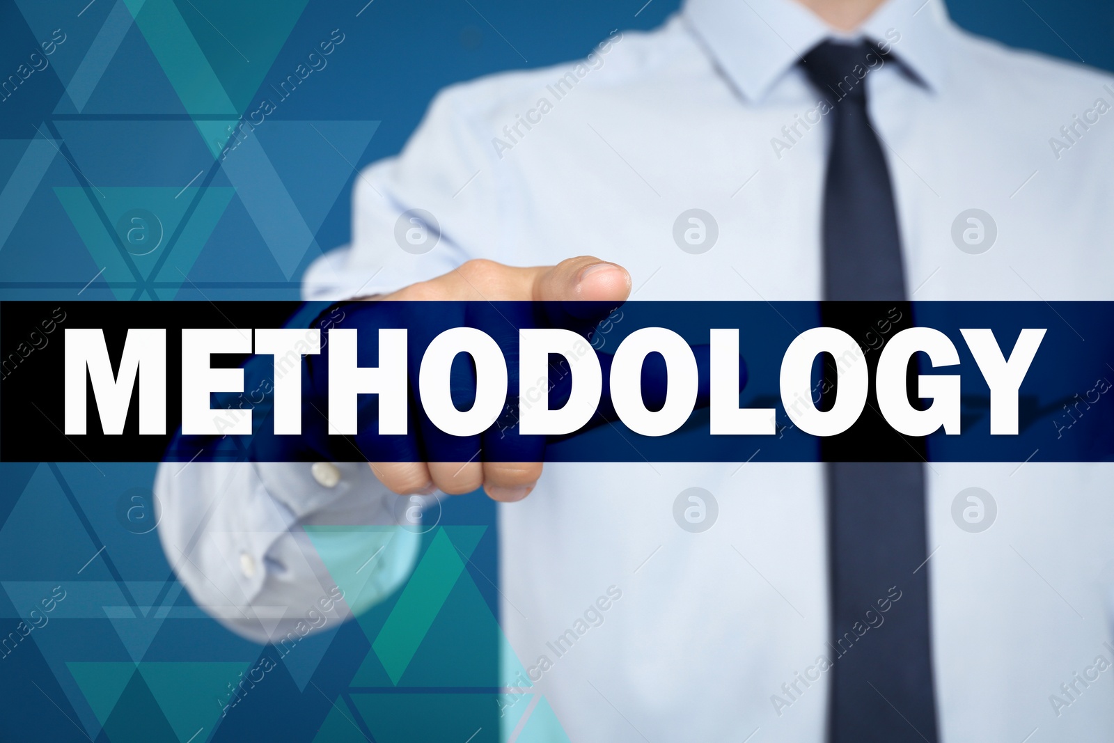 Image of Man pointing at word Methodology on virtual screen, closeup