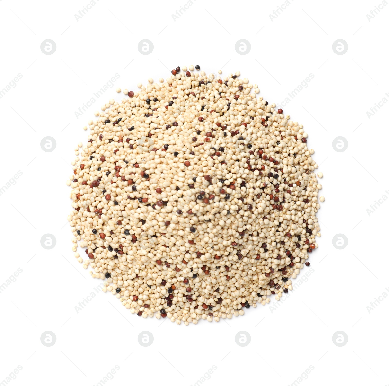 Photo of Pile of raw quinoa seeds isolated on white, top view