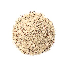 Pile of raw quinoa seeds isolated on white, top view